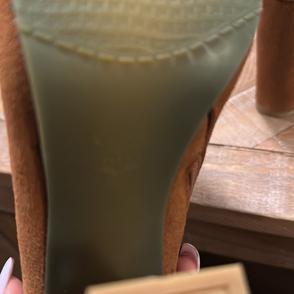 NEW Cognac Brown Suede Leather Ankle Boot Bootie with Asymmetric Block Heel - Picture 7 of 7